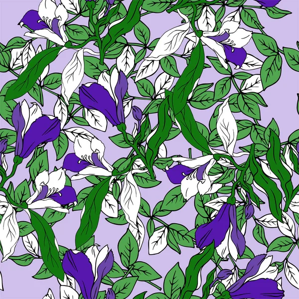 无缝的图案与绿叶和树枝和紫罗兰色的花在柔和的丁香背景 手绘的向量例证 — 图库矢量图片