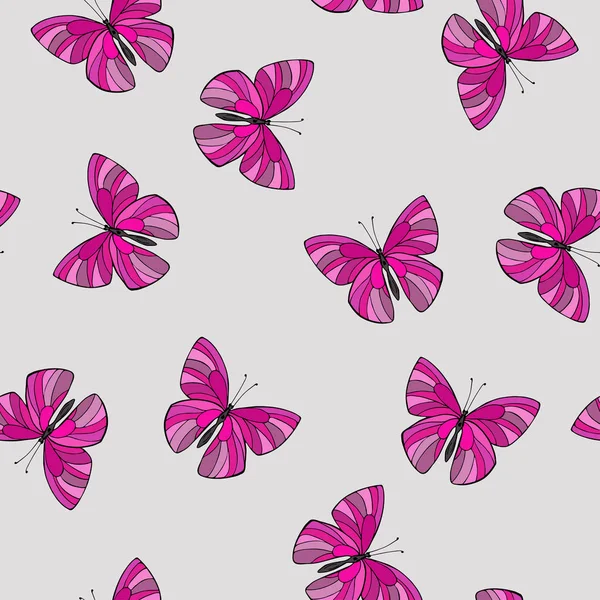 Nahtloses Muster Mit Rosa Schmetterlingen Auf Pastellgrauem Hintergrund Handgezeichnete Vektor — Stockvektor