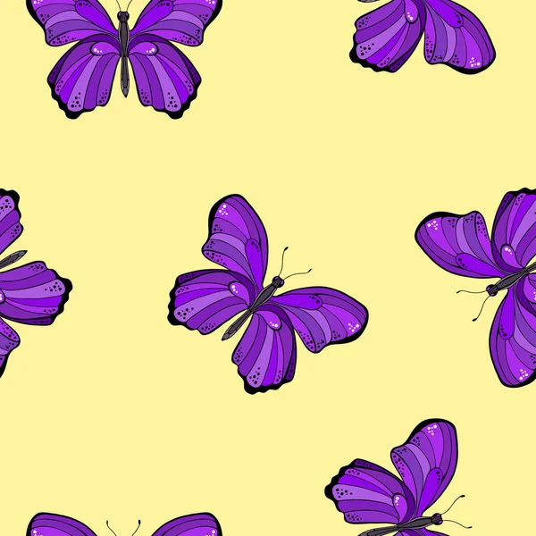 Бесшовный Рисунок Фиолетовыми Бабочками Пастельно Желтом Фоне Векторная Иллюстрация — стоковый вектор