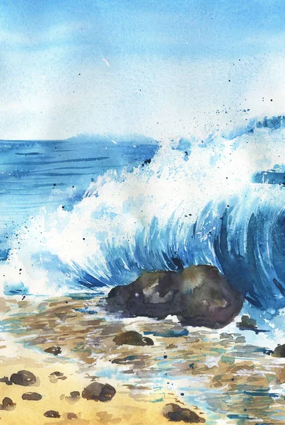 Big Sea Blue Wave Beach Painted Watercolor Hand Drawn Illustration — Stock Photo, Image