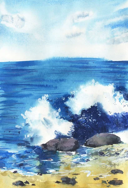 Big Sea Wave Beach Painted Watercolor Hand Drawn Illustration — Stock Photo, Image