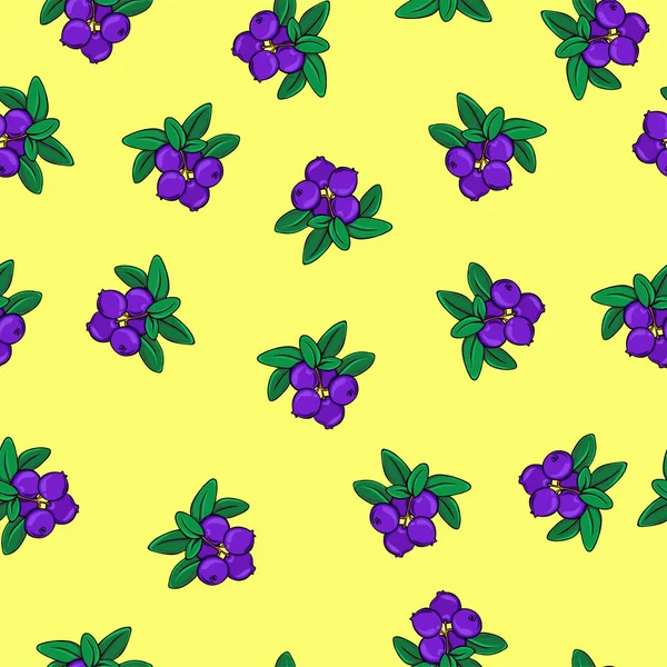 Taze yaban mersini ve yeşil ile Seamless modeli pastel sarı zemin üzerine bırakır. Çizilmiş vektör çizim el.