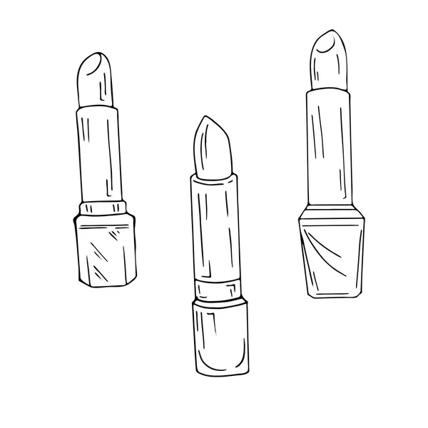 Conjunto Lápices Labiales Aislados Sobre Fondo Blanco Ilustración Vectorial Dibujada — Vector de stock