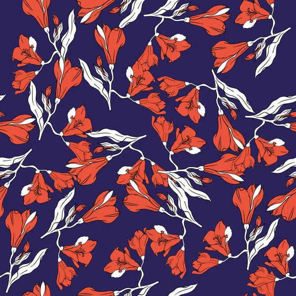 Seamless Pattern White Red Flowers Dark Blue Background Hand Drawn — Stock Vector