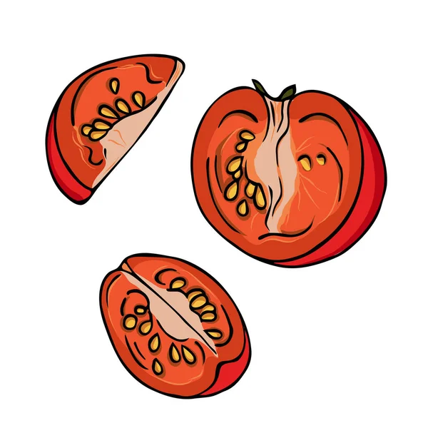 Ensemble Tranches Tomates Cerises Rouges Isolées Sur Fond Blanc Illustration — Image vectorielle