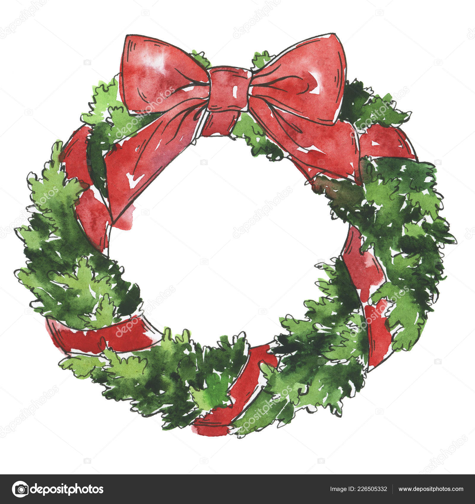 赤いリボンと伝統的なクリスマス パイン ツリー リース漫画水彩 インクをスケッチします 手描きイラスト— ストックイラストレーション by ©  Angry_red_cat #226505332, image size:1600x1700