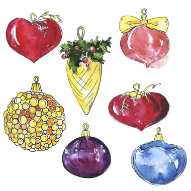 Dekoratif Noel topları kümesi. Karikatür suluboya ve mürekkep kroki. Elle çizilmiş illüstrasyon.