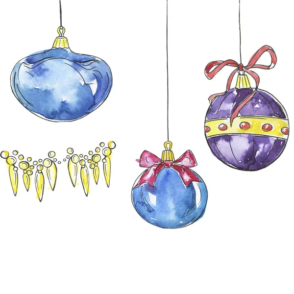 Set Dekorativer Weihnachtskugeln Zeichentrick Aquarell Und Tuschezeichnung Handgezeichnete Illustration — Stockfoto