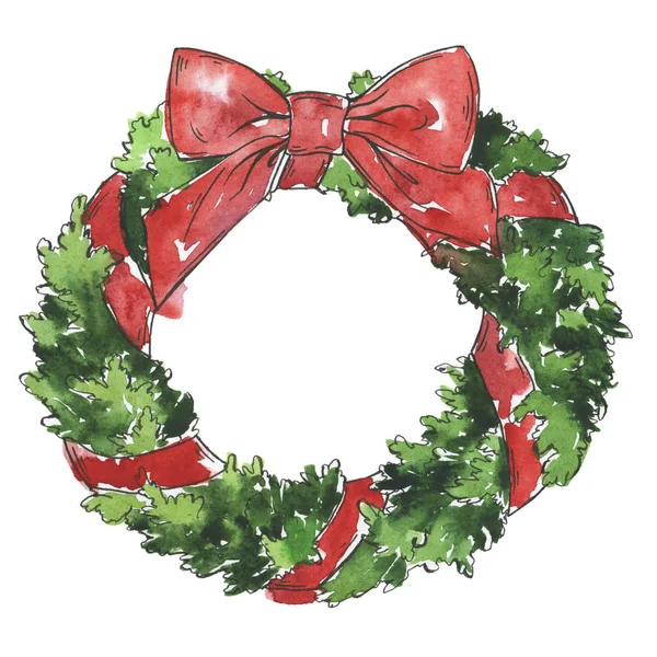 Traditional Christmas Pine Tree Wreath Red Ribbon Cartoon Watercolor Ink — Stock Photo, Image