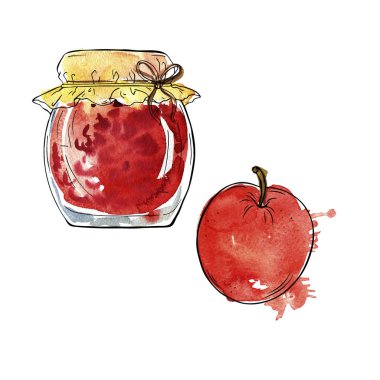 Kavanoz reçel ya da jöle ve beyaz arka plan üzerinde taze kırmızı appleisolated. Suluboya ve mürekkep çizilen illüstrasyon el. 