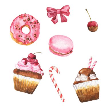 Set of cupcakes, doughnut, macaroon and candies isolated on white background. Hand drawn watercolor illustration.