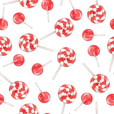 Seamless pattern with red lolipops and stripped candies on white background. Hand drawn watercolor illustration. clipart