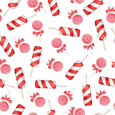 Kırmızı ve soyulmuş lolipop ve beyaz arka plan üzerinde yay ile Seamless modeli. El suluboya resim çekilmiş.