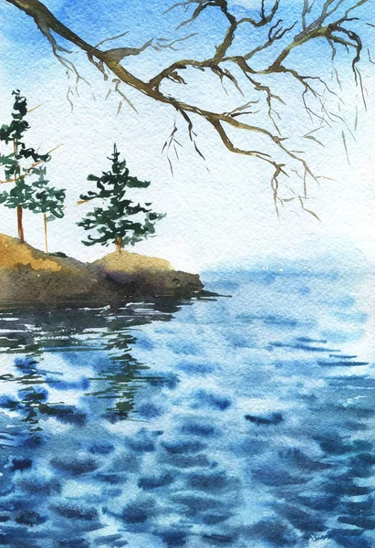 Lago Mare Blu Con Onde Pini Dipinti Acquerello Illustrazione Disegnata — Foto Stock