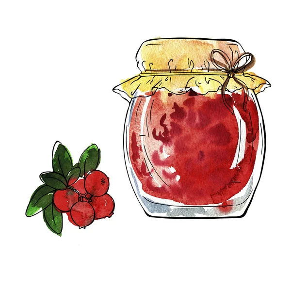 在白色背景上分离的果酱或果冻和新鲜浆果的罐子 手绘水彩和墨水例证 — 图库照片