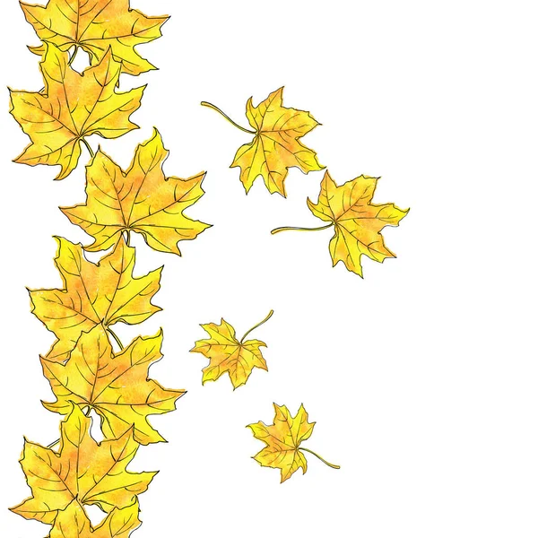 Feuilles Érable Jaune Bordure Coutures Sur Fond Blanc Aquarelle Illustration — Photo