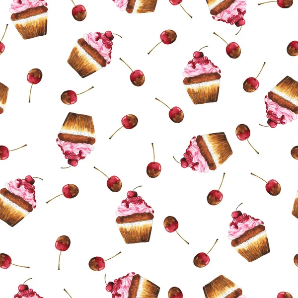 Motif Sans Couture Avec Des Cupcakes Chocolat Cerise Des Baies — Photo