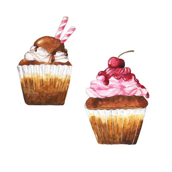 一套纸杯蛋糕 在白色背景上隔离着新鲜的樱桃 奶油和巧克力 手绘水彩插图 — 图库照片