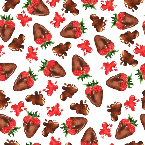 초콜릿 배경에 초콜릿 밝아진 신선한 딸기와 패턴입니다 손으로 수채화 — 스톡 사진