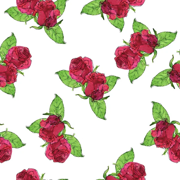 Безшовний Візерунок Червоними Трояндами Зеленим Листям Білому Пекарні Ручна Намальована — стокове фото
