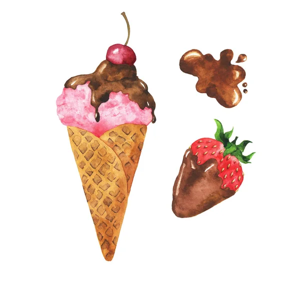 Набір Морозива Шоколадом Свіжою Полуницею Ізольовані Білому Тлі Ручна Намальована — стокове фото