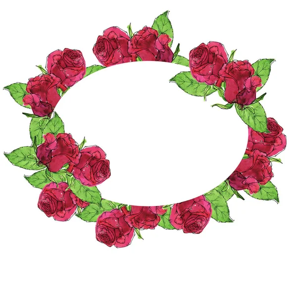 Rose Red Flowers Leaves Frame Isolated White Background Hand Drawn — Stock Photo, Image