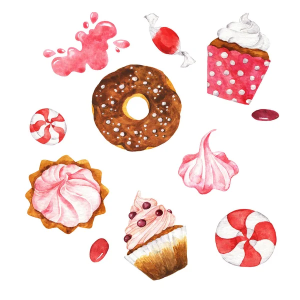 一套面包店和糖果 纸杯蛋糕 甜甜圈 美人鱼在白色背景 手绘水彩例证 — 图库照片