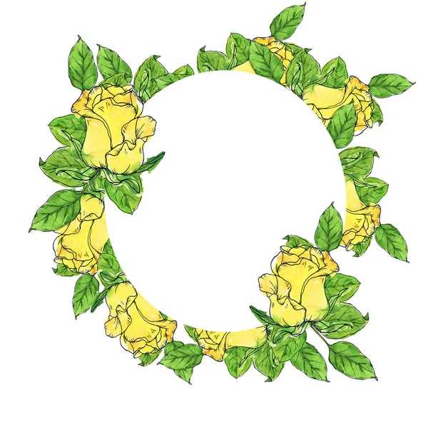 Rose Yellow Flowers Leaves Frame Isolated White Background Hand Drawn — Stock Photo, Image