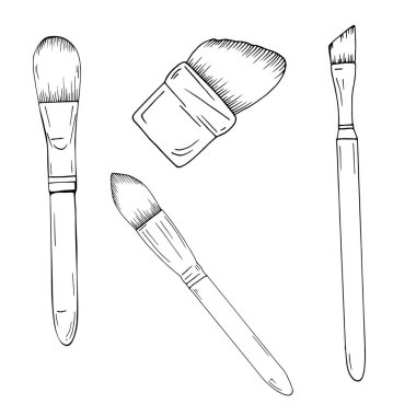 Beyaz arka plan üzerinde izole makyaj fırça seti. Çizilmiş vektör çizim el. 