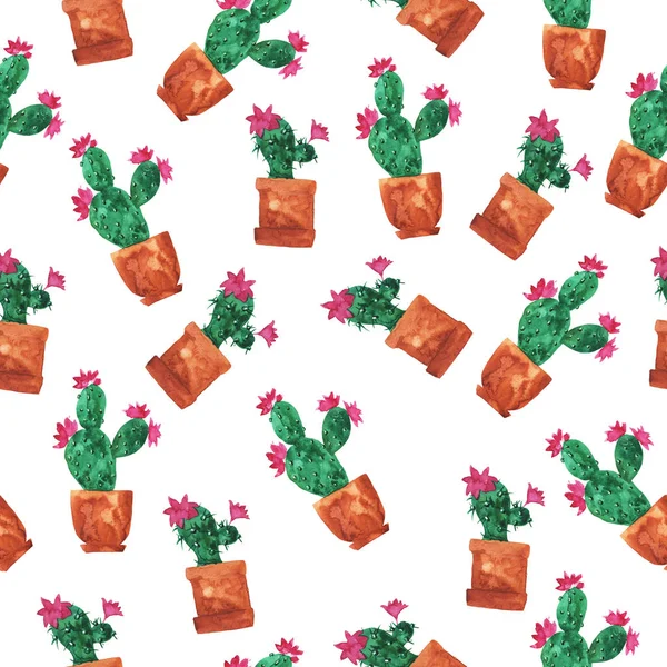 Patrón Sin Costuras Con Cactus Verde Garabato Con Flores Color —  Fotos de Stock