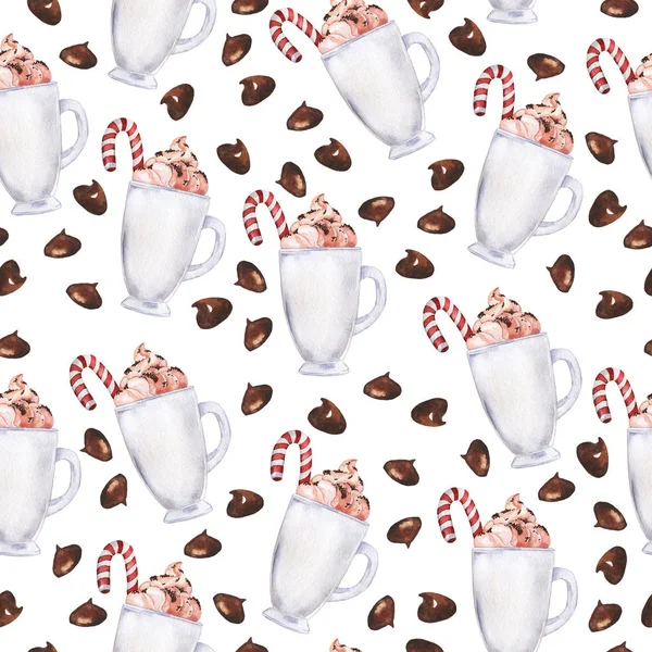 Безшовний Візерунок Білими Чашками Кави Гарячим Шоколадом Або Какао Цукерками — стокове фото