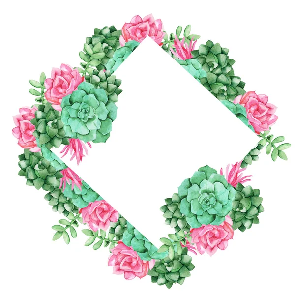 Green and pink succulent floral border isolated on white background. Hand drawn watercolor illustration.