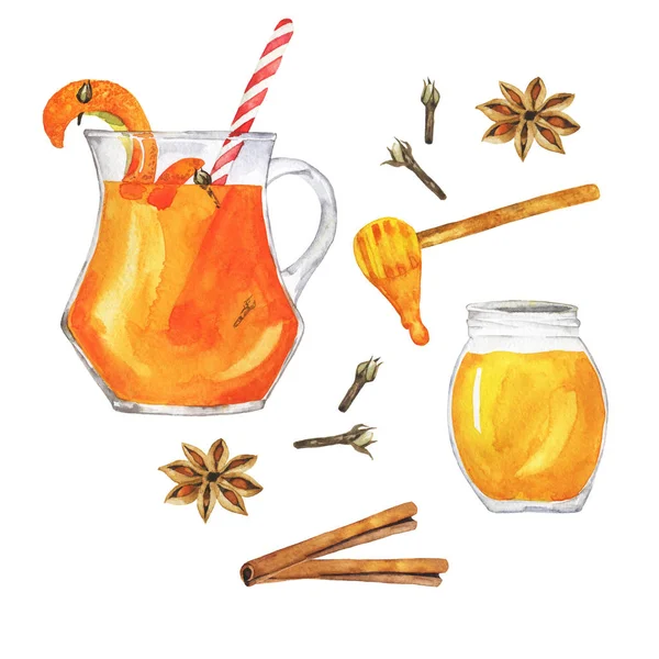 Tasse Tisane Chaude Avec Clou Girofle Écorce Orange Miel Paille — Photo