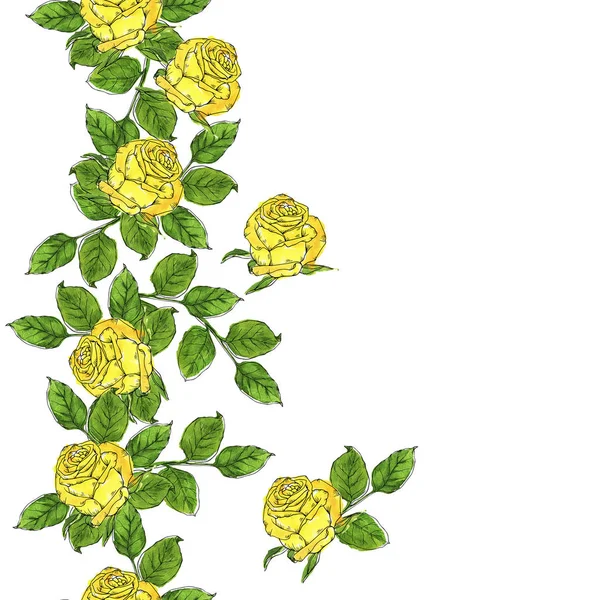 Bezszwowe Granica Żółtych Róż Zielonych Liści Białym Tle Ilustracja Akwareli — Zdjęcie stockowe