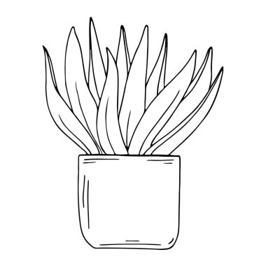Beyaz arka plan üzerinde izole siluet houseplant. Karikatür mürekkep kroki. Çizilmiş vektör çizim el. 