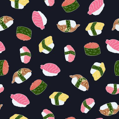 Seamless pattern with doodle nigiri sushi on dark background. Hand drawn vector illustration.