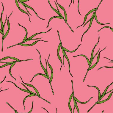 Pembe bir arka plan üzerinde yeşil otlar ile Seamless modeli. Çizilmiş vektör çizim el. 