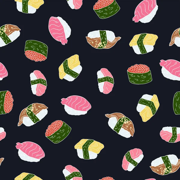 Modèle Sans Couture Avec Doodle Nigiri Sushi Sur Fond Sombre — Image vectorielle