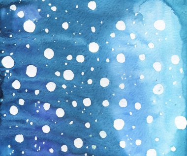 Mavi arka plan beyaz noktalar ile. Kar taneleri, kış kart tasarımı ile gökyüzü. El suluboya resim çekilmiş.