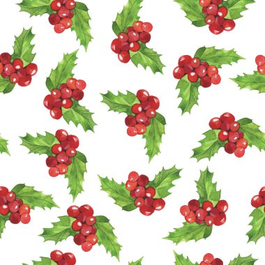 Holly yaprak ile Seamless modeli çilek ve beyaz arka plan üzerinde bırakır. El suluboya resim çekilmiş.