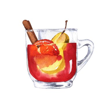 Tarçın ve beyaz arka plan üzerinde izole armut ile mulled şarap kadehi. El suluboya resim çekilmiş.