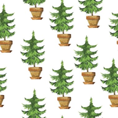 Kil tencere beyaz zemin üzerine yeşil çam ağaçları ile Seamless modeli. El suluboya resim çekilmiş.