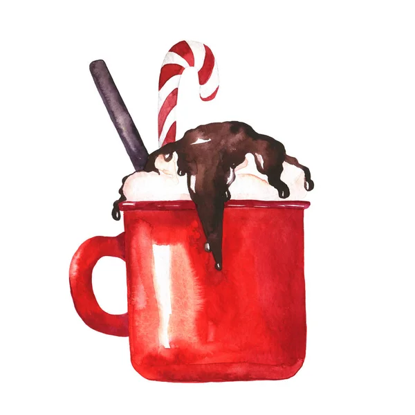 Červený Hrnek Kakao Kávu Nebo Horkou Čokoládu Izolovaných Bílém Pozadí — Stock fotografie