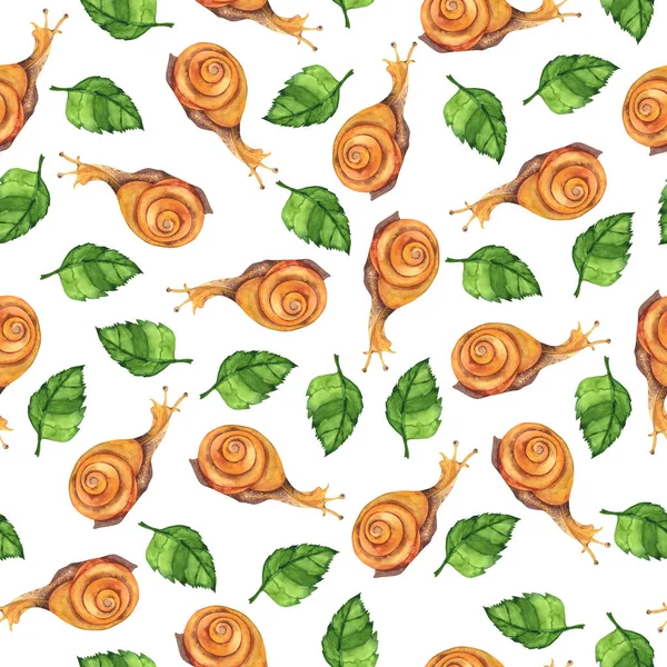 Seamless pattern with cute snails and fresh green leaves on white background. Hand drawn watercolor illustration.