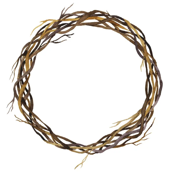 Beyaz arka plan üzerinde izole kuru dalları ile Noel çelenk. El suluboya resim çekilmiş.