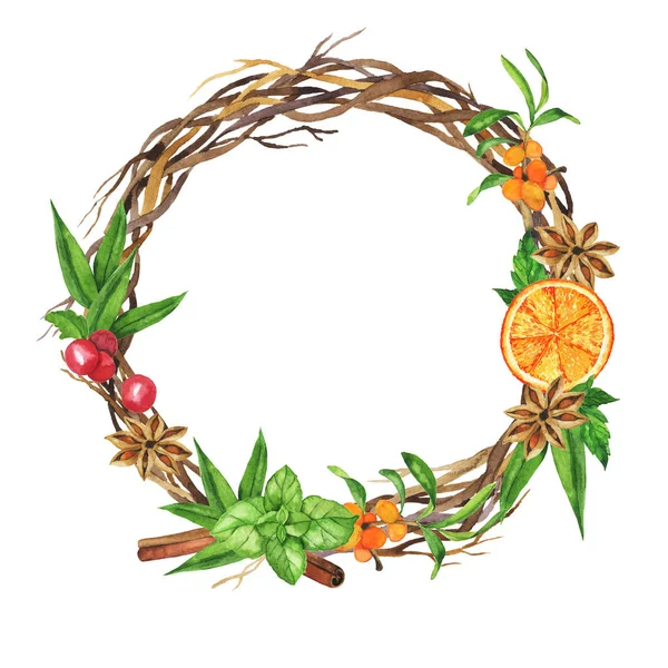 Couronne Noël Branche Argousier Cannelle Orange Frais Étoiles Anis Baies — Photo