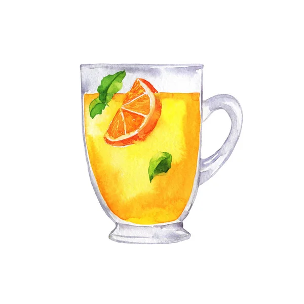 Xícara Chá Com Laranja Ervas Isoladas Fundo Branco Ilustração Aquarela — Fotografia de Stock