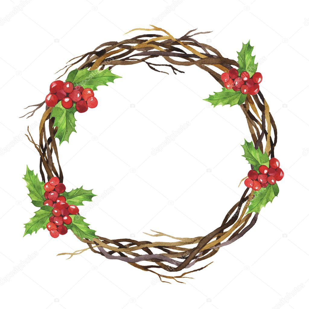Christmas wreath witn dry branches and holly leaf berries isolated on white background. Hand drawn watercolor illustration.