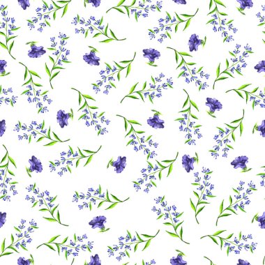 Elegance mavi çiçekler ve beyaz arka plan üzerinde bahar dalları ile Seamless modeli. El suluboya resim çekilmiş.