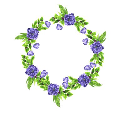 Beyaz arka plan üzerinde izole yaz dekoratif çelenk. El suluboya resim çekilmiş.